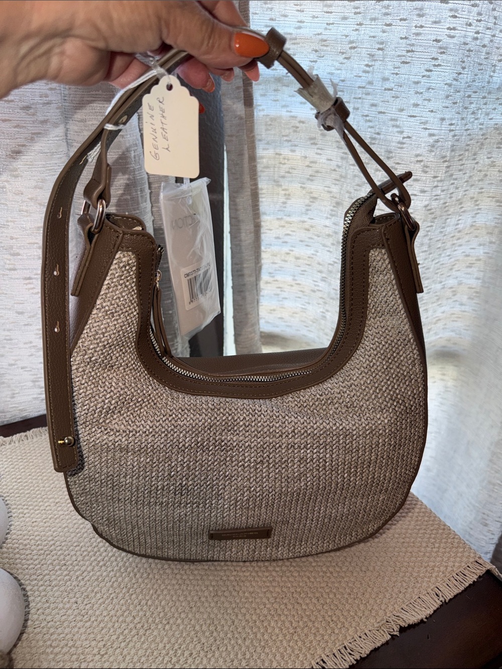 Neutral Woven Shoulder Bag with Brown Trim